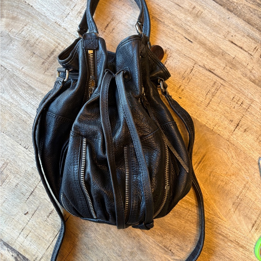 The Sak Strappy Black Leather Zipper Satchel Bucket Bag Y2K Kedzie - Picture 9 of 16